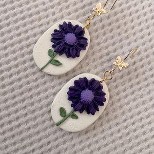 Womens earrings polymer clay round flowers butterfly hook